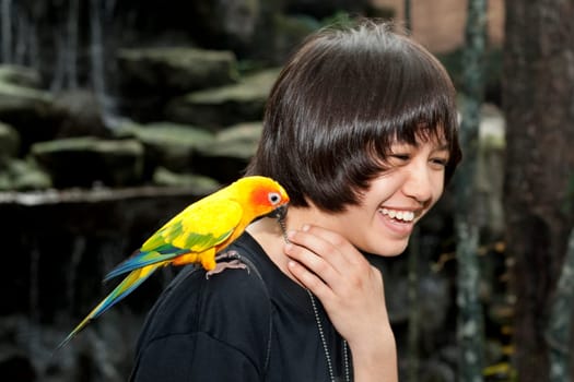 Female teenager with parakeet