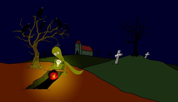 ghost with luciferous pumpkin