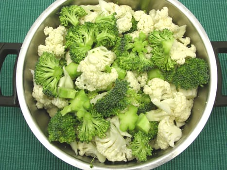 Cauliflower and broccoli in a saucepan