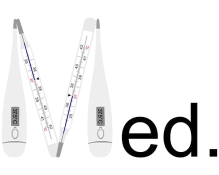 Analogue and digital clinical thermometer as letter M