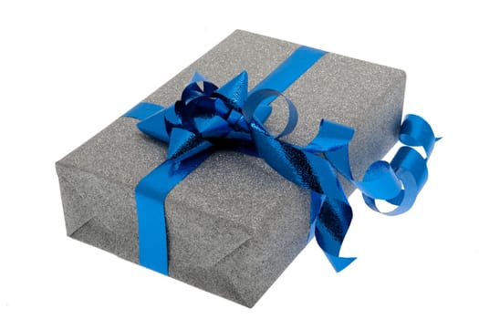 Gift silver with blue ribbon