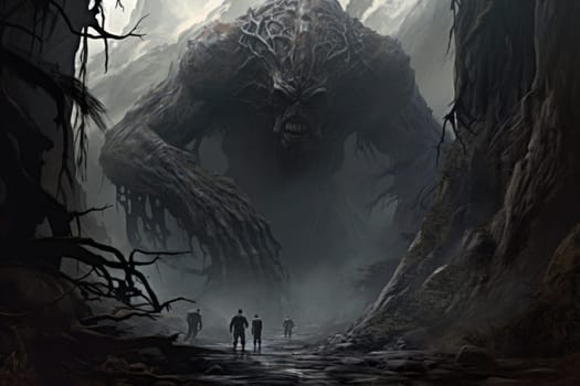 Embark on a fantastical journey where gargantuan giants, with their colossal stature, traverse the towering mountains with thunderous footsteps.