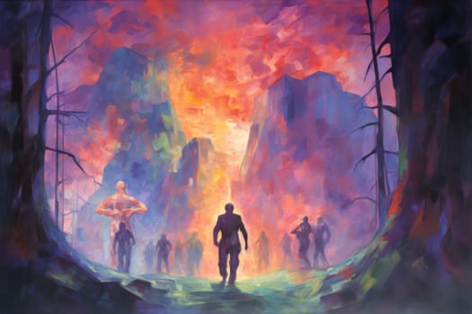 Embark on a fantastical journey where gargantuan giants, with their colossal stature, traverse the towering mountains with thunderous footsteps.