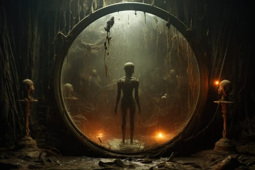 In the realm of fantasy, cursed mirror spirits are bound, their ethereal existence trapped within reflective surfaces.