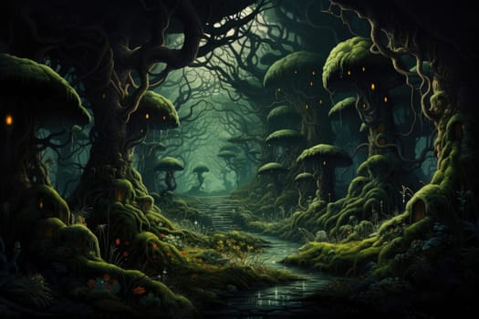 Journey through mystical forests filled with enchanted flora and sentient, conversing trees, where reality seamlessly intertwines with fantasy.