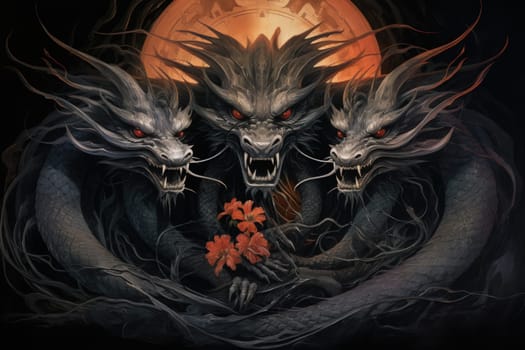 In the realm of fantasy, ferocious shadow dragons dominate the skies, their majestic forms wreathed in darkness.