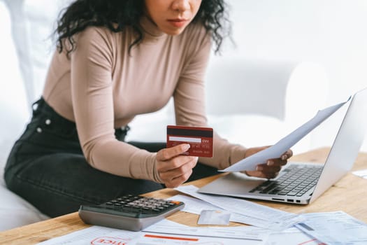 Stressed young woman has financial problems with credit card debt to pay crucial show concept of bad personal money and mortgage pay management crisis.