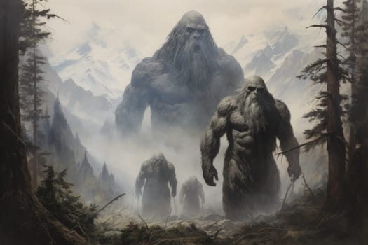 Embark on a fantastical journey where gargantuan giants, with their colossal stature, traverse the towering mountains with thunderous footsteps.