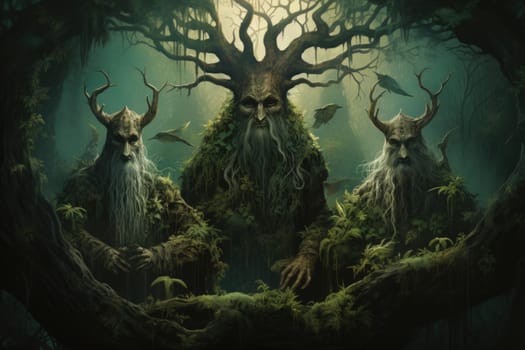 Deep within the mystical woodland realms of fantasy, ancient forest spirits stand as silent sentinels, their ethereal presence a testament to the wisdom and magic of the natural world.