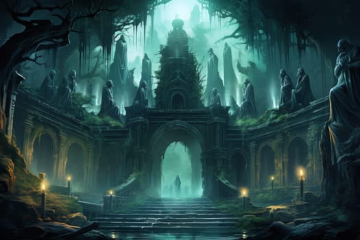 In the realm of fantasy, eerie and ethereal, ancient ruins and crumbling castles are shrouded in an unsettling atmosphere, haunted by ghostly apparitions.