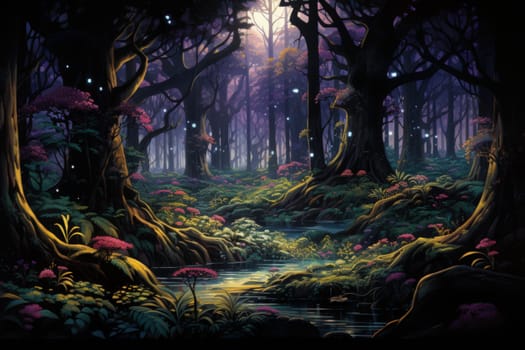 Journey through mystical forests filled with enchanted flora and sentient, conversing trees, where reality seamlessly intertwines with fantasy.