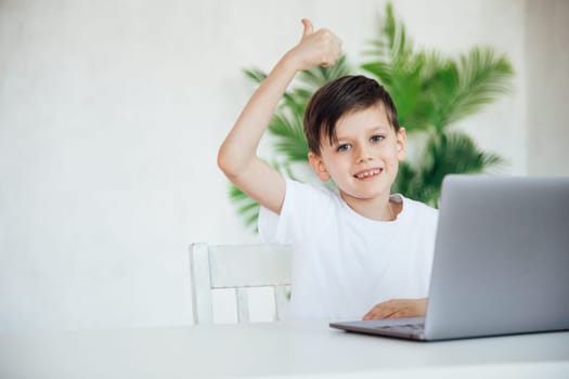 a boy shows a like sitting at a table with a computer