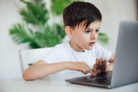 boy sitting at a table playing at a laptop in the room
