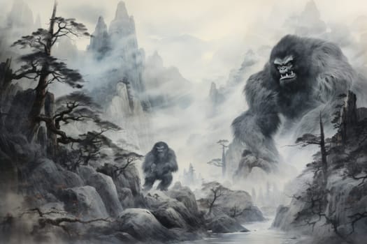 Embark on a fantastical journey where gargantuan giants, with their colossal stature, traverse the towering mountains with thunderous footsteps.