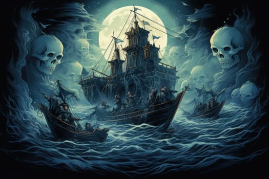 Embark on a haunting journey across the treacherous waters with this captivating illustration by a professional visual artist.