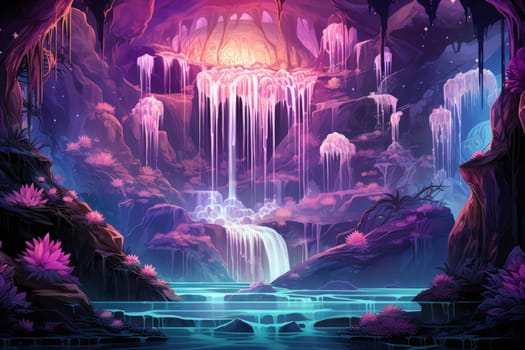Enter a realm of enchantment where fantasy comes to life. Behold the mesmerizing sight of harmonious waterfalls adorned with radiant crystals.