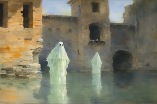 In the realm of fantasy, eerie and ethereal, ancient ruins and crumbling castles are shrouded in an unsettling atmosphere, haunted by ghostly apparitions.
