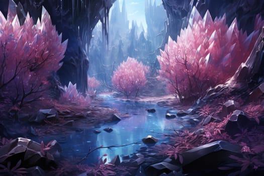 Deep within the realms of fantasy, mysterious icy caves hold untold treasures, guarded by glistening crystal golems.