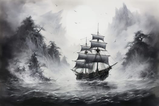 Embark on a haunting journey across the treacherous waters with this captivating illustration by a professional visual artist.