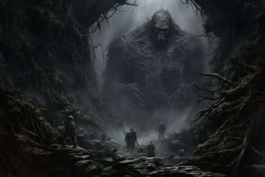 Embark on a fantastical journey where gargantuan giants, with their colossal stature, traverse the towering mountains with thunderous footsteps.