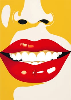 glamour woman fashion red lip pop toothpaste art poster illustration make-up teeth retro icon lipstick cosmetic black style face closeup modern. Generative AI.