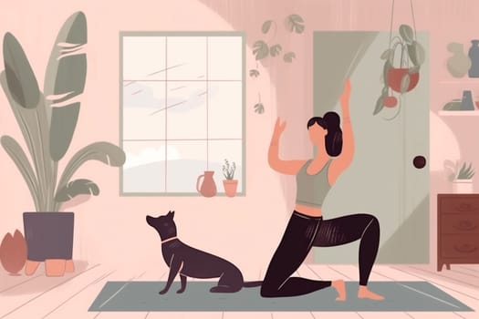 dog lifestyle woman home relaxation exercising training cartoon zen posture meditation body sport female stretching yoga fitness person young position adult. Generative AI.