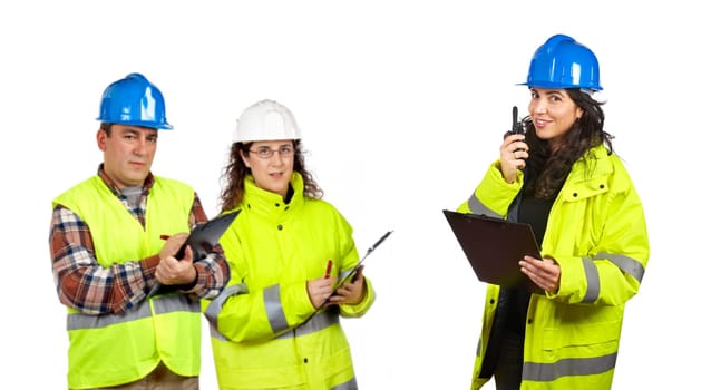 Construction workers talking with a walkie talkie