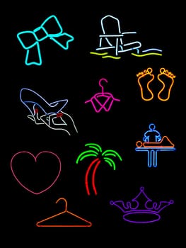 Several neon shapes and signs