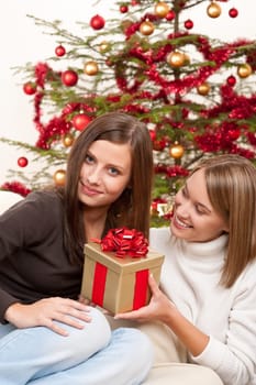 Two women with Christmas present