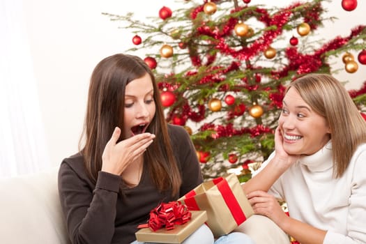 Two women with Christmas present