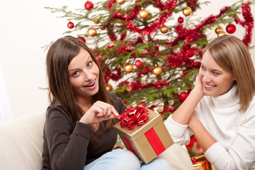Two women with Christmas present