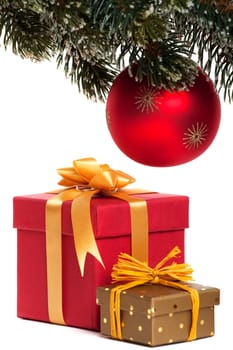 red christmas ornament and christmas gifts