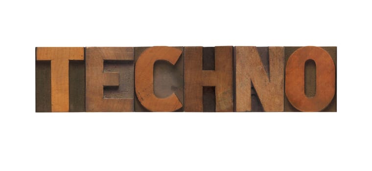 the word techno in letterpress wood type