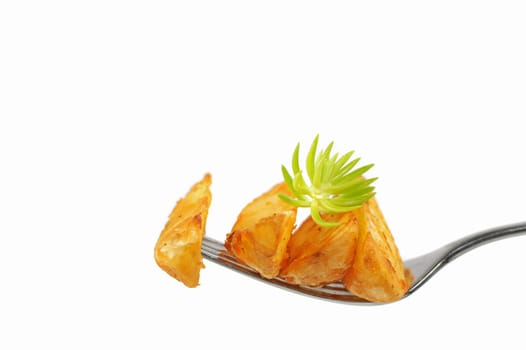 Potato wedges on a fork