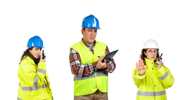Construction workers talking with a walkie talkie