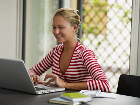 Woman using laptop computer at home. Side view, Copy space