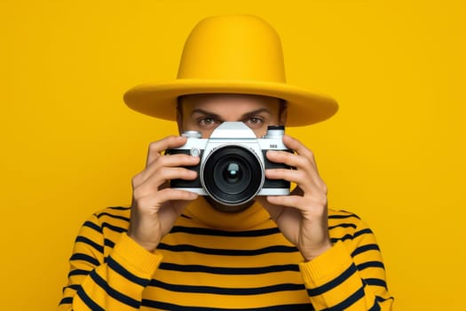 Man hobby art retro photograph beauty fashion photo vintage hipster lifestyle yellow traveler summer background tourist camera studio portrait caucasian shoot