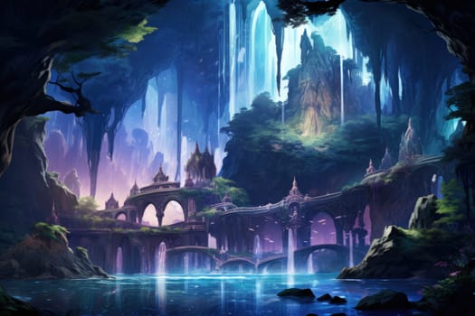 Enter a realm of enchantment where fantasy comes to life. Behold the mesmerizing sight of harmonious waterfalls adorned with radiant crystals.