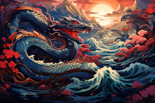 Dive into a fantastical realm where gigantic sea serpents, with their immense coils, slither through treacherous waters.