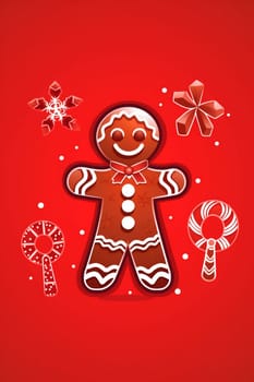 illustration man delicious red background holiday ornament tree gingerbread biscuit lollipops cookie shape white food decor new homemade sweet decoration symbol christmas. Generative AI.