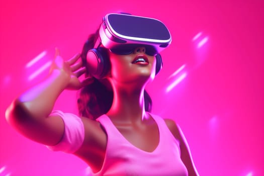 woman game vr virtual purple three-dimensional happy technology blue render 3d metaverse innovation digital sport reality cyborg goggle gadget neon glasses lifestyle. Generative AI.