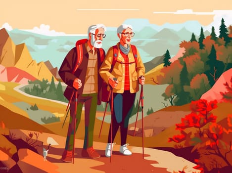 man retirement adventure old trekking couple fitness senior walking illustration grandfather activity family together happy elderly grandparent hiking active aged. Generative AI.