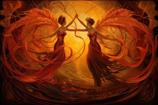 Within the realm of fantasy, elegant phoenix dancers grace the stage, their mesmerizing performances engulfed in flames.