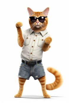 Cool ginger cat in white shirts and blue shorts and sunglasses, standing on white background.