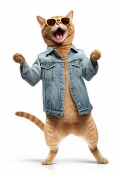 Happy ginger cat in a denim shirt and sunglasses standing on a white background.