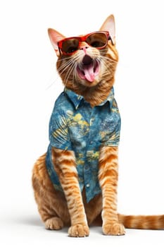 A happy ginger cat in a blue Hawaiian shirt and sunglasses, sitting on a white background, meows.