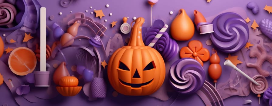 trick spider party background sweet pumpkin treat halloween lilac purple scarey halloween candy holiday celebration table orange party cake traditional symbol. Generative AI.