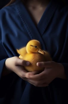 happy close-up yellow pet happiness life farm baby season child duck portrait spring holding little hand bird girl duckling wildlife. Generative AI.