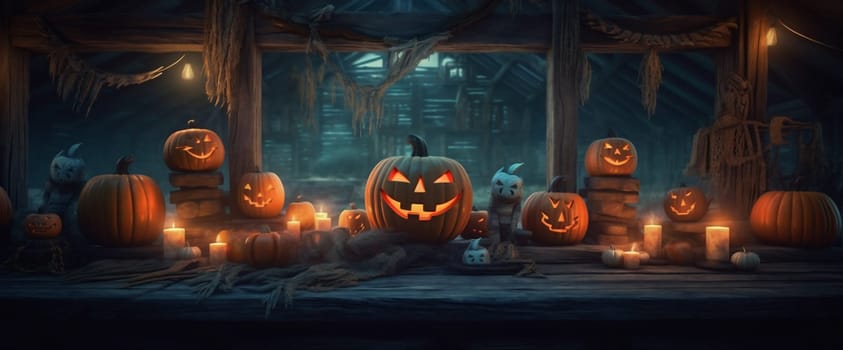 light night horror evil table pumpkin glowing mystery background fall card moon illustration copyspace halloween gothic grave grunge jack blue fear. Generative AI.