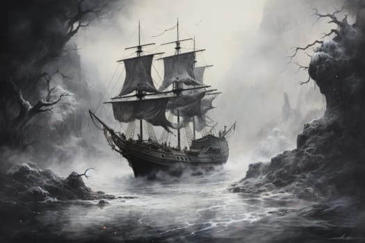 Embark on a haunting journey across the treacherous waters with this captivating illustration by a professional visual artist.